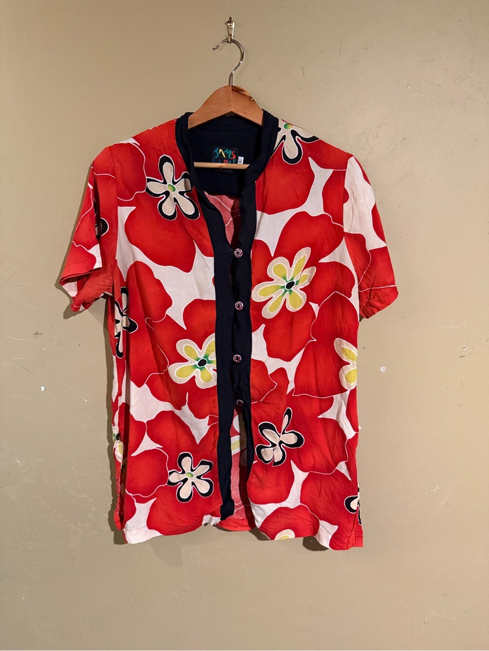 Vintage Jams World Red Hibiscus Short Sleeve Shirt Size Large